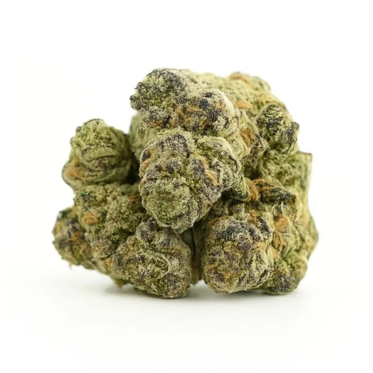 close-up of a single cannabis bud on a crisp white background, showing dense structure, frosty trichomes, and natural green and purple hues with balanced lighting and depth.