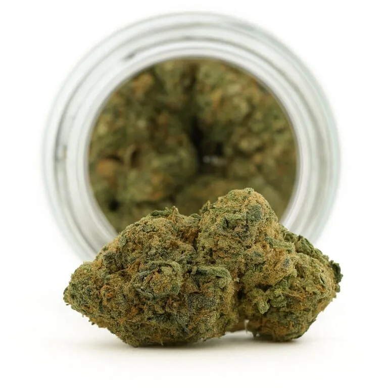 Photorealistic close-up of a cannabis bud resting in front of a glass jar filled with additional buds, displayed on a crisp white background with balanced lighting and natural color depth.