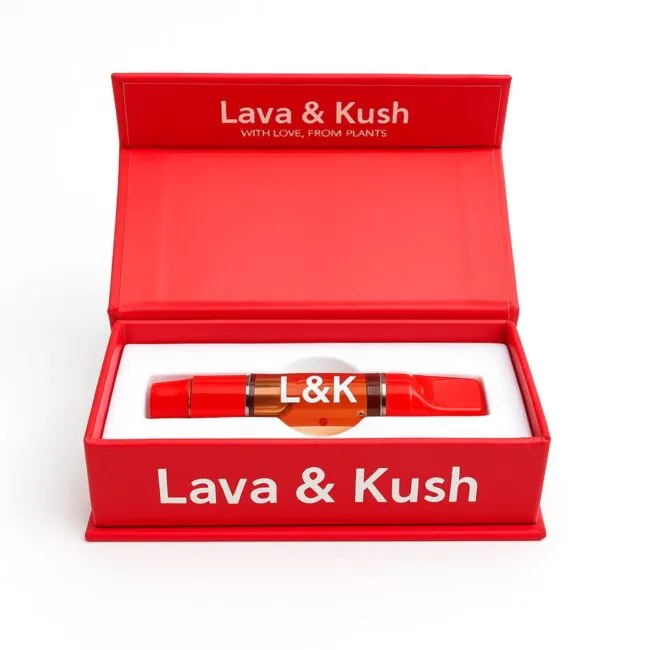 Red Lava & Kush vape pen box with branded L&K 510 thread cartridge displayed inside
