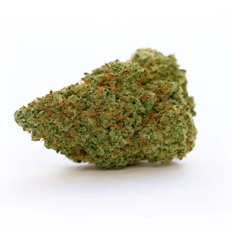 cannabis bud on a crisp white background, showcasing dense green structure, vibrant orange pistils, and frosty trichomes with balanced lighting and realistic color depth.