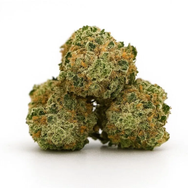 High-resolution cannabis buds stacked on a crisp white background, showing detailed trichomes and natural colour.