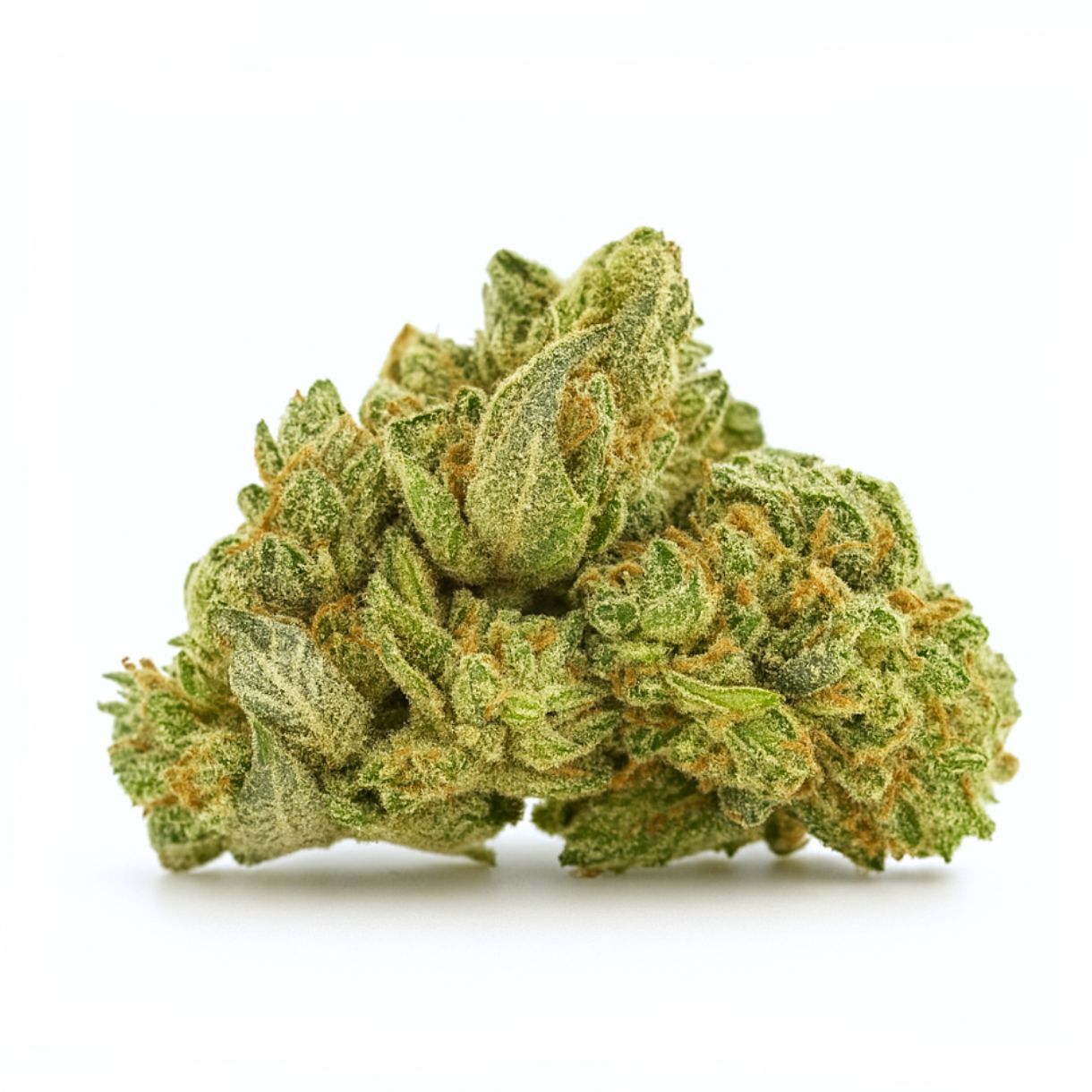 High-resolution close-up of premium cannabis flower on a clean white background, showcasing dense trichomes, vibrant green hues, and natural orange pistils with realistic texture and depth.
