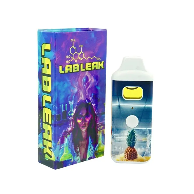 LAB LEAK vape cartridge with pineapple design displayed next to colorful neon packaging featuring a female scientist illustration