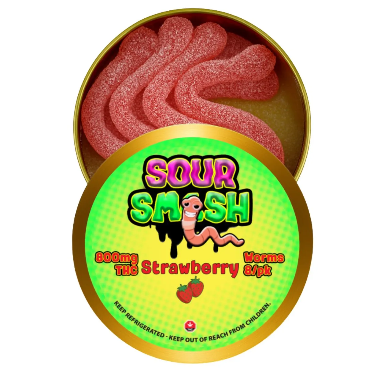 SOUR SMASH WORMS - STRAWBERRY 8/pk (800mg THC)