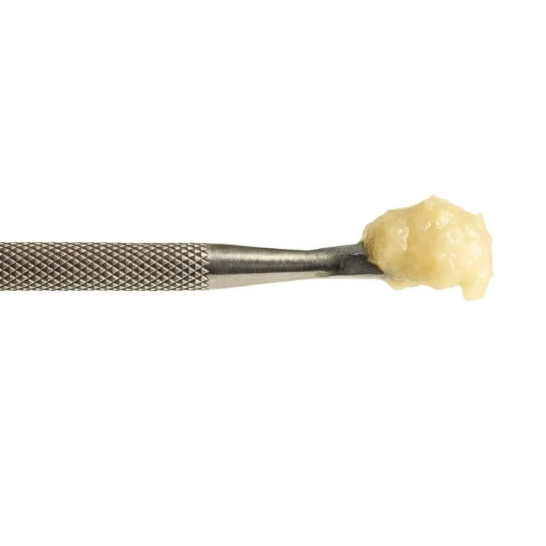 close-up of a stainless steel dab tool holding a glossy, pale-yellow cannabis concentrate against a crisp white background, showcasing realistic texture, depth, and metallic detail.