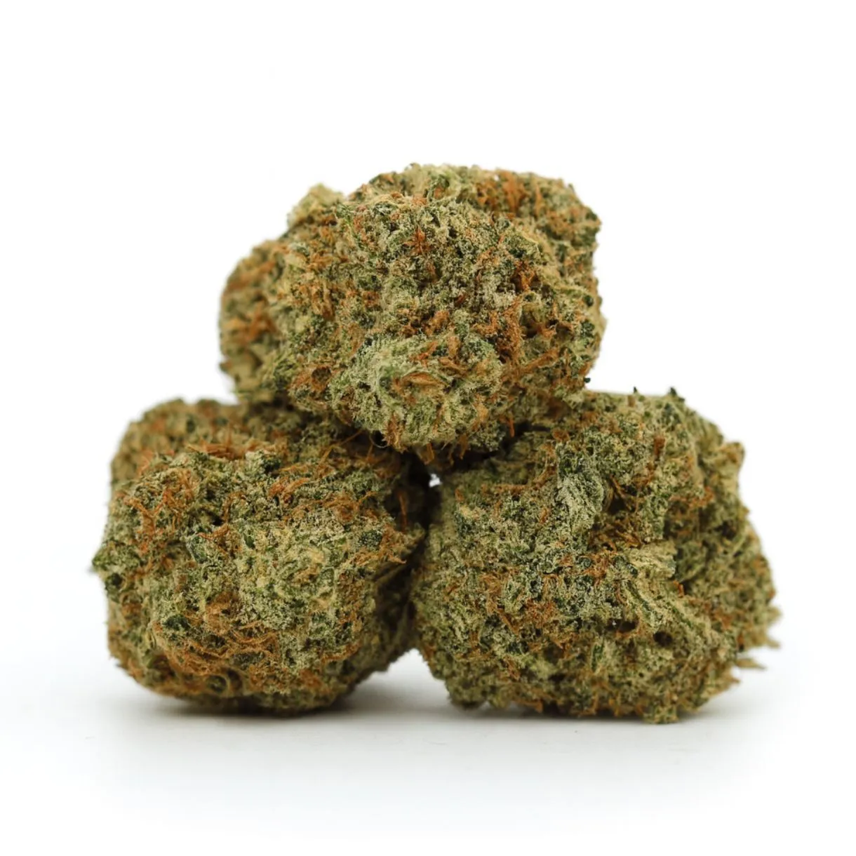 Close-up of premium cannabis buds with dense trichomes and orange pistils on a white background