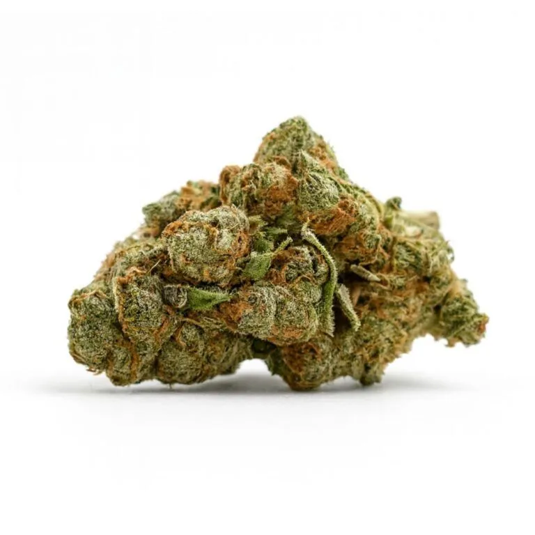 High-quality close-up of a cannabis bud on a crisp white background, showcasing dense trichomes, orange pistils, and natural green tones with photorealistic detail.