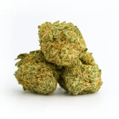 Close-up of stacked cannabis buds on a crisp white background, showing detailed trichomes and natural green and orange tones.