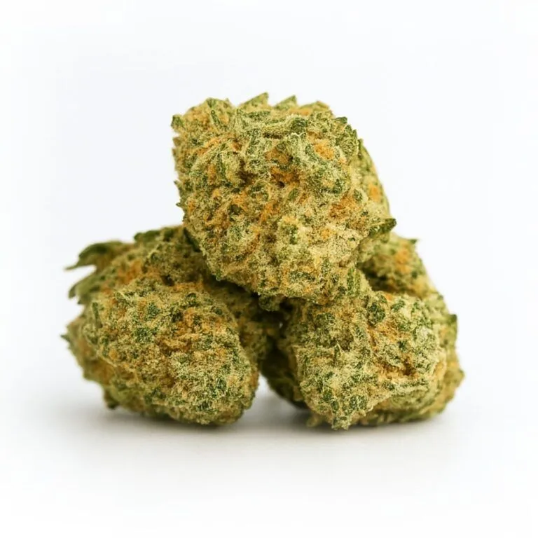 Close-up of stacked cannabis buds on a crisp white background, showing detailed trichomes and natural green and orange tones.