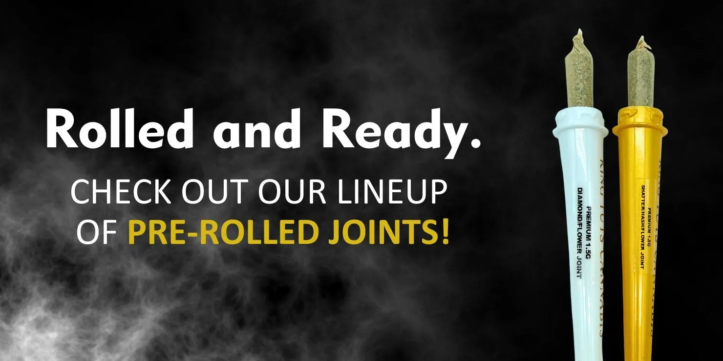 Banner with smoke background featuring two pre-rolled joints in branded tubes, with the text ‘Rolled and Ready. Check out our lineup of pre-rolled joints!’
