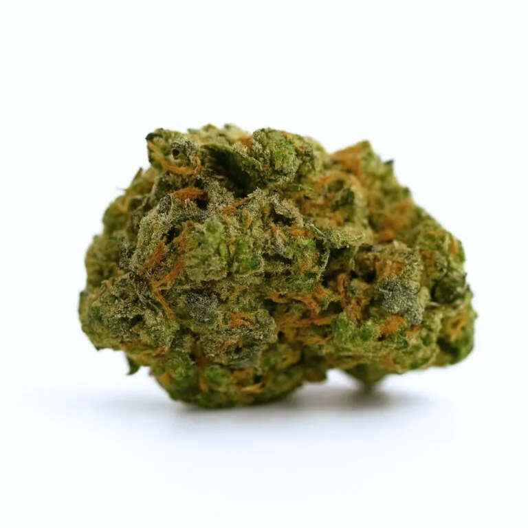 close-up of a premium cannabis bud on a crisp white background, showcasing dense texture, vibrant green hues, and orange pistils with visible trichome detail.