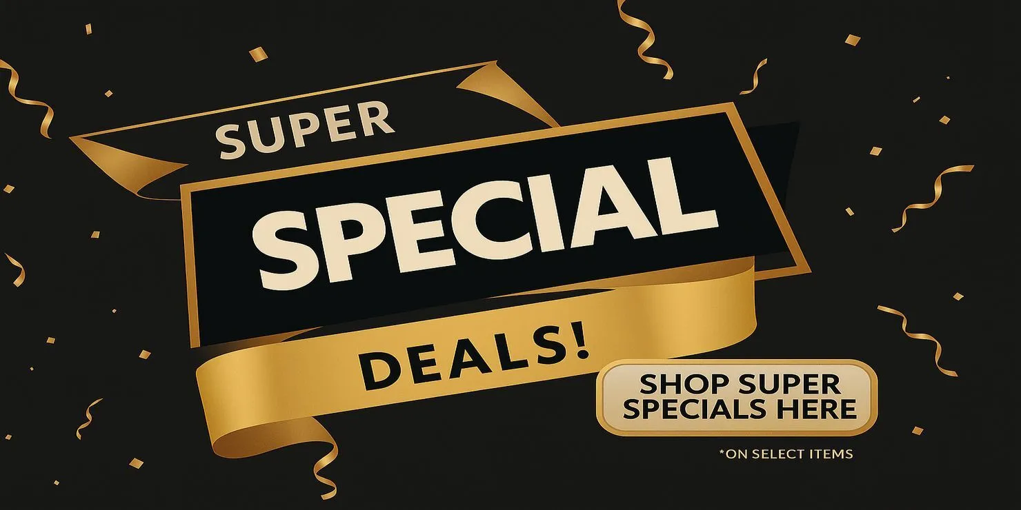 Black and gold banner graphic with the words ‘Super Special Deals’ and a gold button reading ‘Shop Super Specials Here.’ Decorative gold ribbons and confetti in the background.