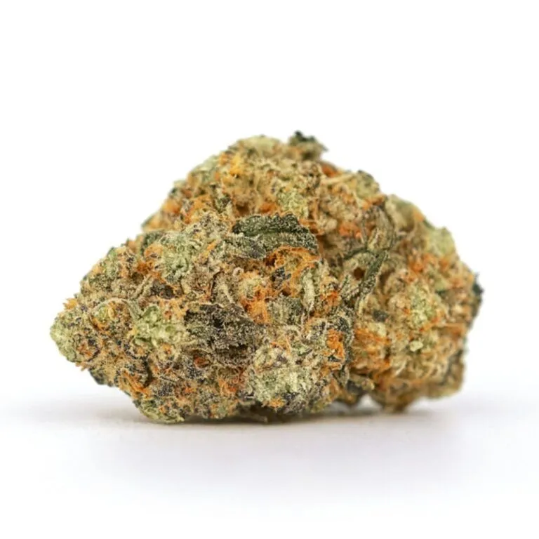 Close-up of a dense cannabis bud with green and orange hues, frosted trichomes, and vivid texture, displayed on a crisp white background
