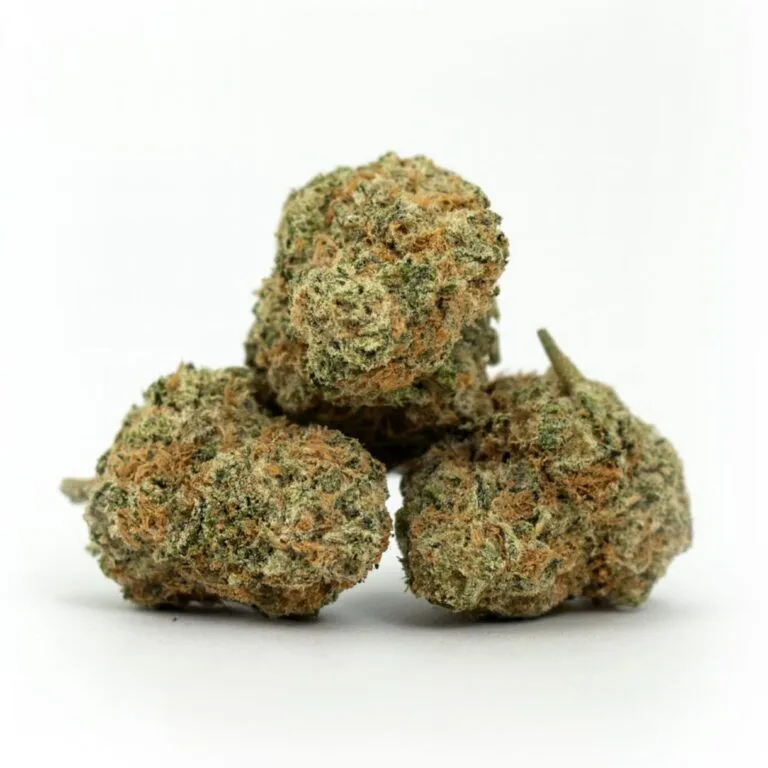 High-resolution cannabis buds photographed on a crisp white background, showing natural colour, trichome detail, and realistic texture.