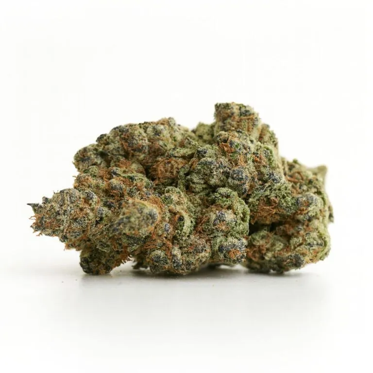 High-resolution cannabis flower on a crisp white background, showing detailed trichomes, natural color balance, and dense bud structure.