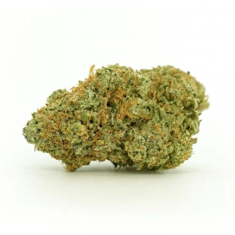 High-resolution cannabis bud photographed on a crisp white background, showing natural colour, trichome detail, and realistic texture.