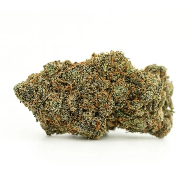 High-resolution cannabis bud on a crisp white background, showcasing dense trichomes, natural green and orange tones, and detailed texture.