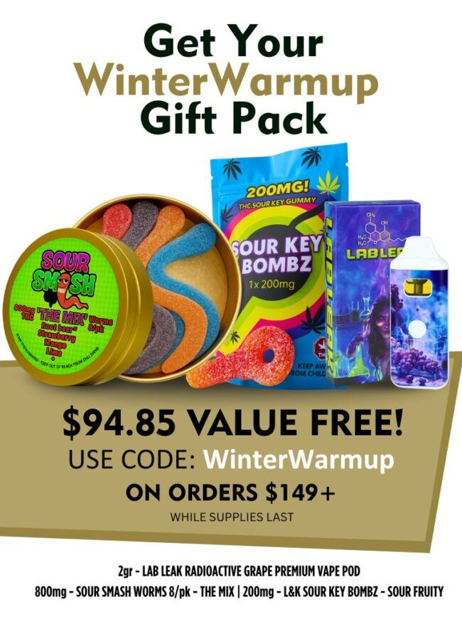 Winter Warmup gift pack promotion featuring Sour Smashi gummies, Sour Key Bombz candy, a Labler vape device, and promotional text advertising a $94.85 value gift pack with code WinterWarmup on orders over $149.