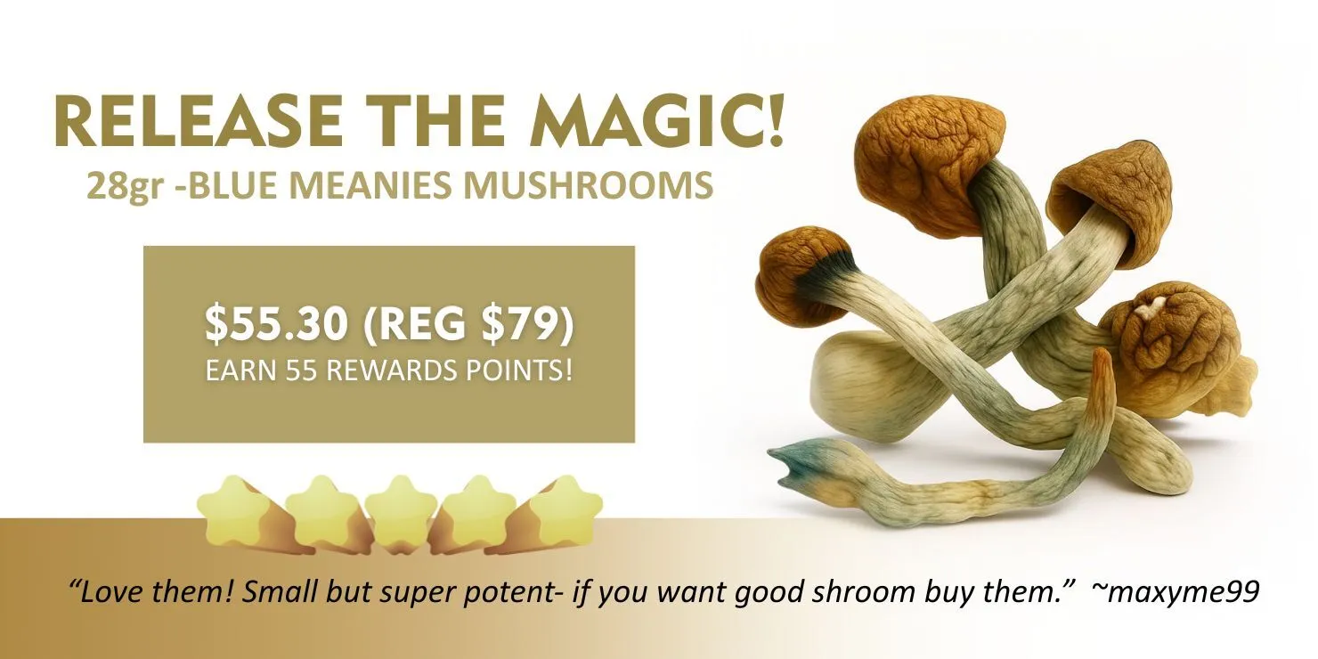 Promotional image for Blue Meanies mushrooms (28g) featuring a cluster of dried psilocybin mushrooms on a white background, sale price of $55.30 (regular $79), rewards points information, and a customer review praising their potency and quality.
