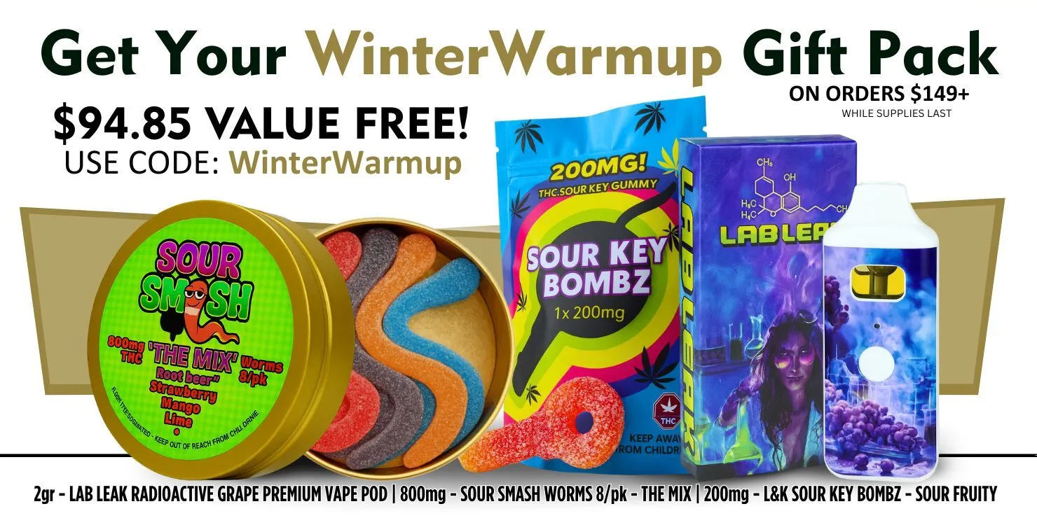 Winter Warmup gift pack promotion featuring Sour Smashi gummies, Sour Key Bombz candy, a Labler vape device, and promotional text advertising a $94.85 value gift pack with code WinterWarmup on orders over $149.