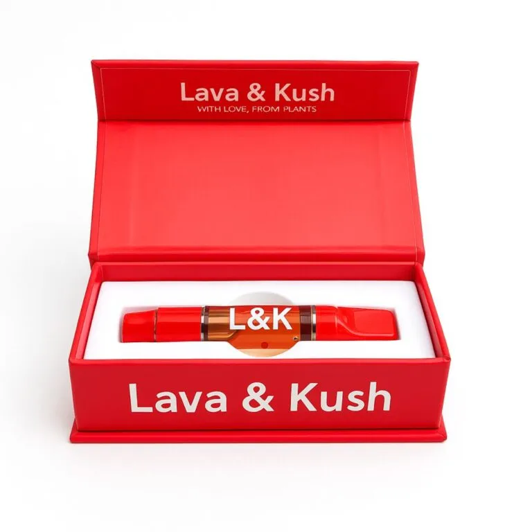 Red Lava & Kush vape pen box with branded L&K 510 thread cartridge displayed inside
