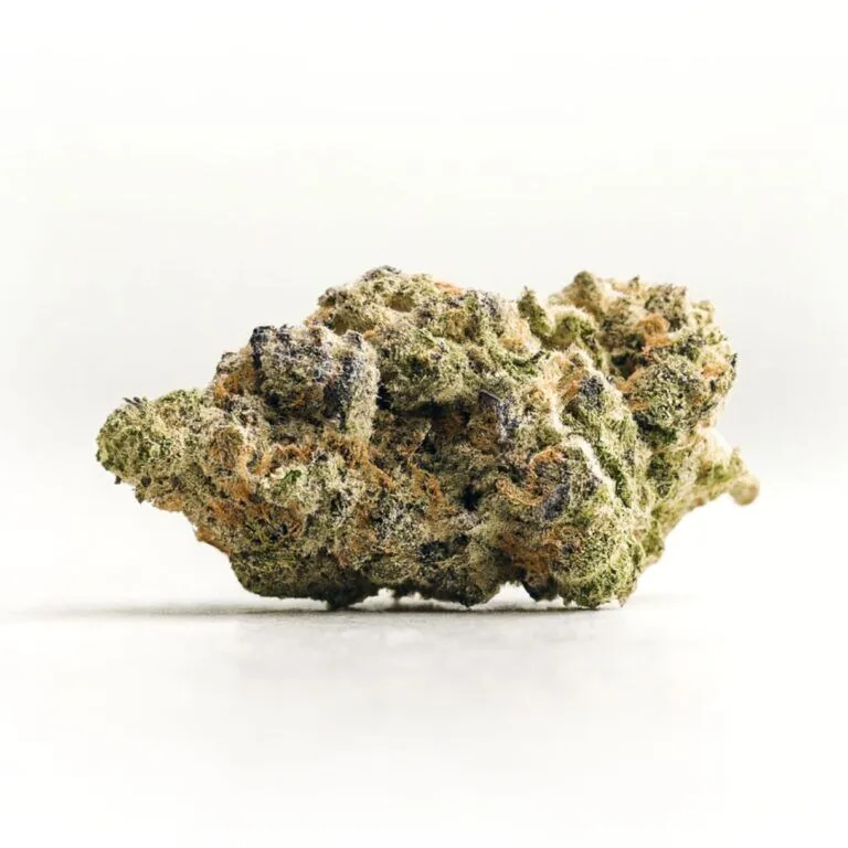 close-up of a single cannabis bud with green, orange, and purple hues, covered in frosty trichomes, displayed on a clean white background.