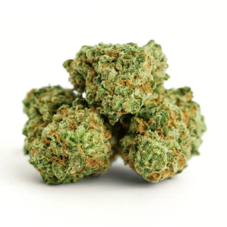 cannabis buds on a crisp white background, showcasing vibrant green hues, orange pistils, and detailed trichomes with natural lighting and soft shadows.