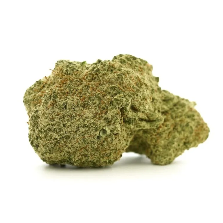 Sharp, photorealistic close-up of a dense cannabis bud on a white background, showcasing rich green tones, orange pistils, and frosty trichomes with crisp texture and balanced lighting.