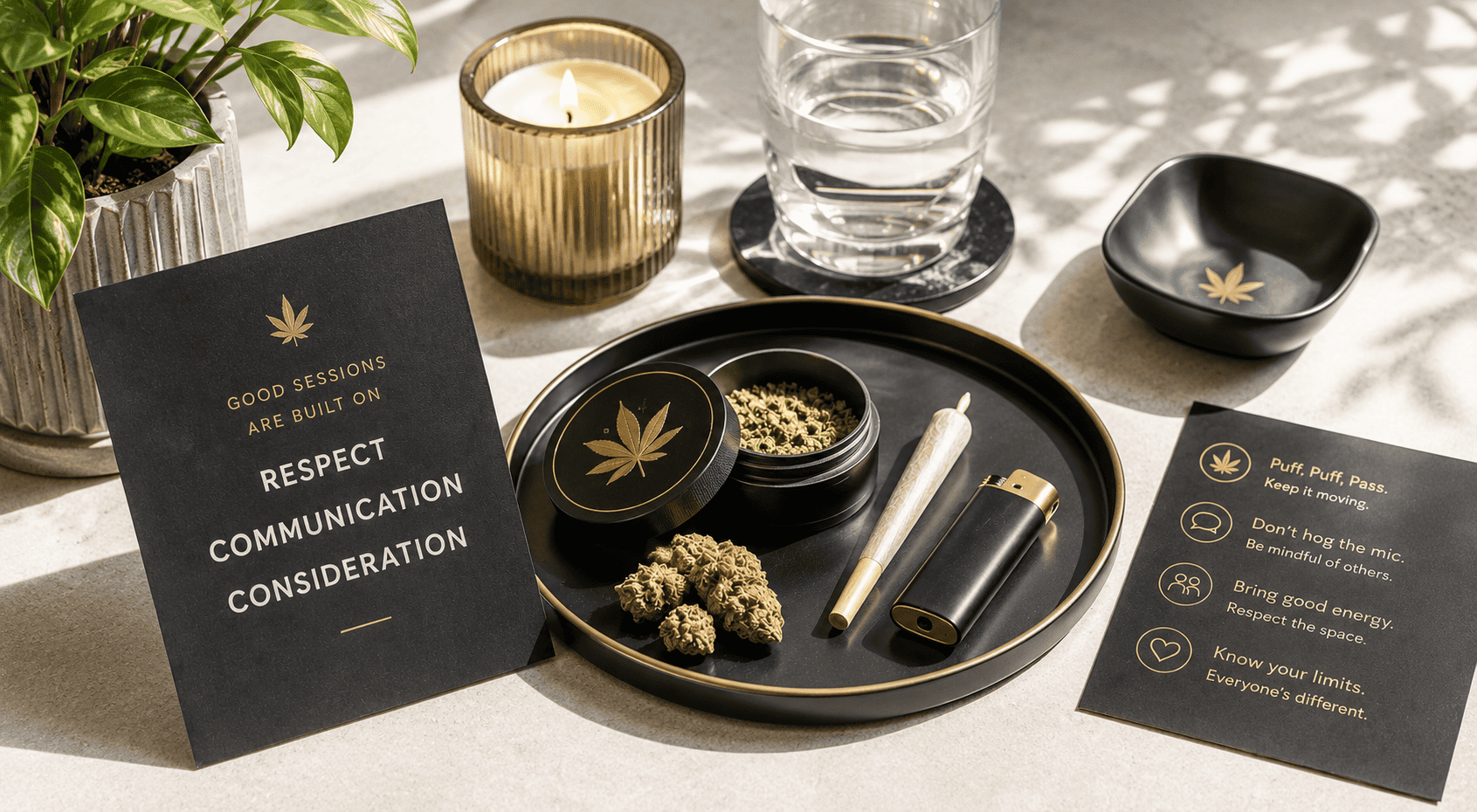 Premium cannabis smoke session etiquette concept featuring a luxury black rolling tray, cannabis flower, pre-roll, grinder, and candlelit atmosphere representing respect, communication, and consideration during social smoking sessions.