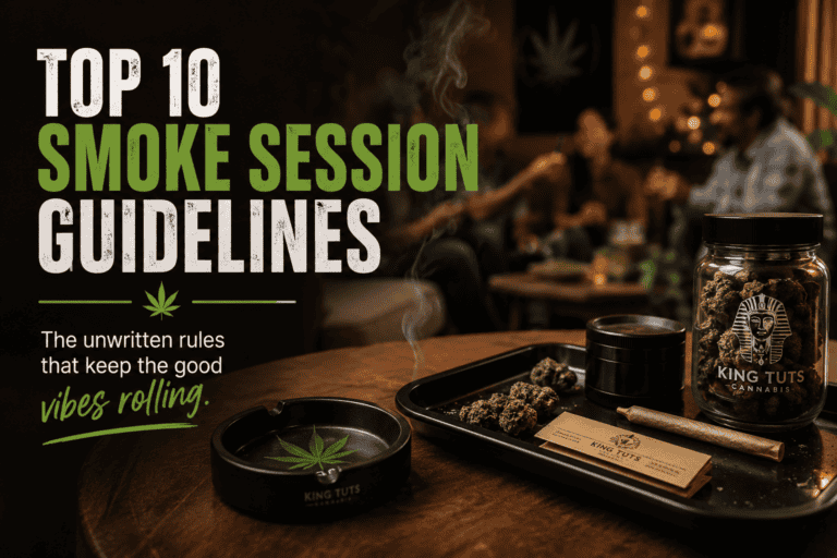 Smoke session etiquette guide showing cannabis accessories, rolling tray, grinder, joint and group smoke session rules