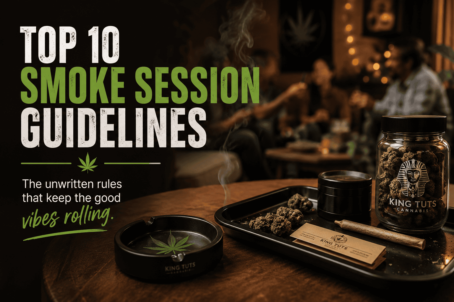 Smoke session etiquette guide showing cannabis accessories, rolling tray, grinder, joint and group smoke session rules