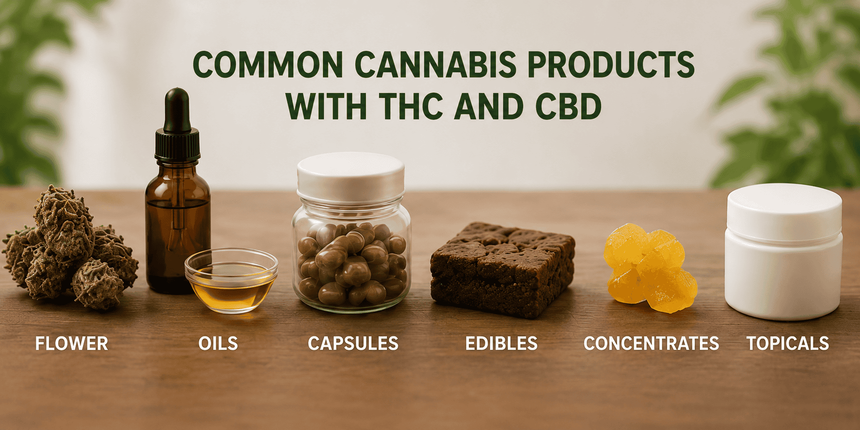 Cannabis products infographic featuring flower, oils, capsules, edibles, concentrates, and topicals.