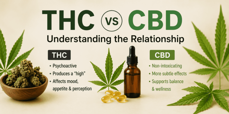 THC vs CBD infographic comparing effects, benefits, and common cannabis compounds.
