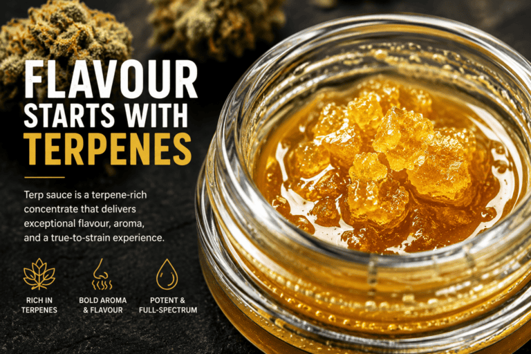 Terp sauce cannabis concentrate rich in terpenes with cannabis flower and golden extract crystals