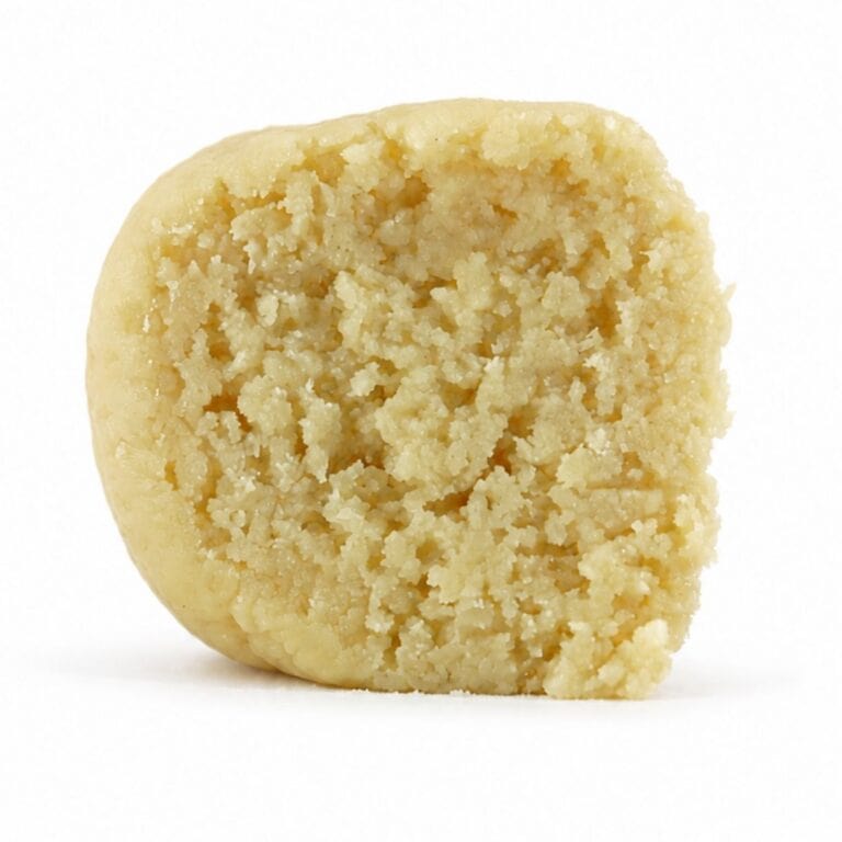 blueberry dream budder Close-up Pale yellow cannabis extract with a crumbly texture displayed upright on a white background