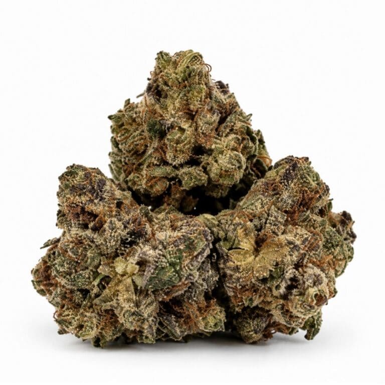 Image of cannabis bud with frosty trichomes on a crisp white background