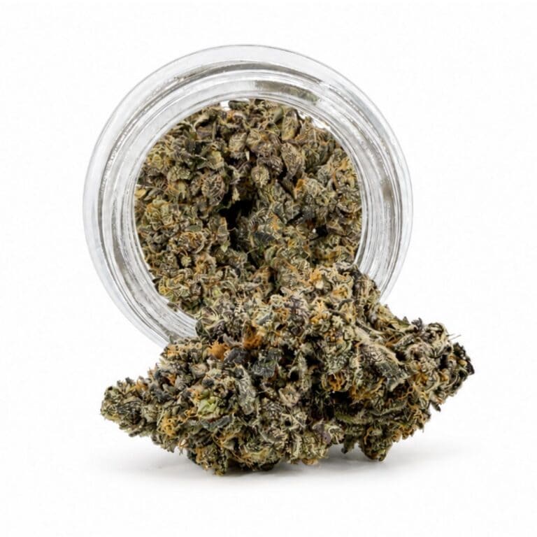 Image of cannabis bud with frosty trichomes on a crisp white background