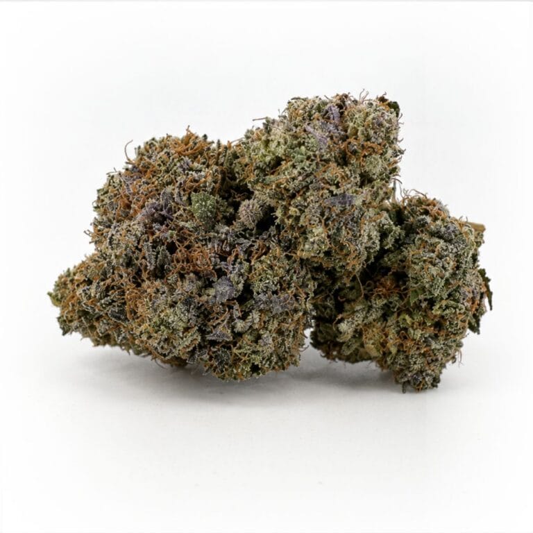 Image of cannabis bud with frosty trichomes on a crisp white background