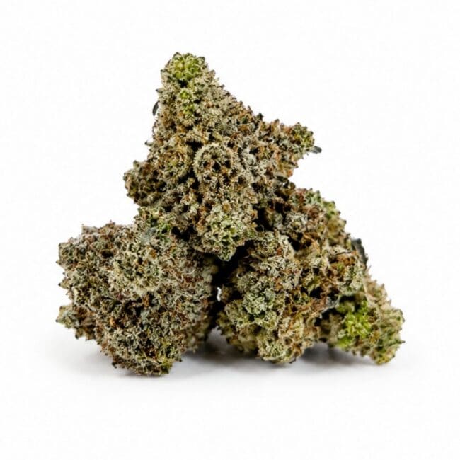 Image of cannabis bud with frosty trichomes on a crisp white background