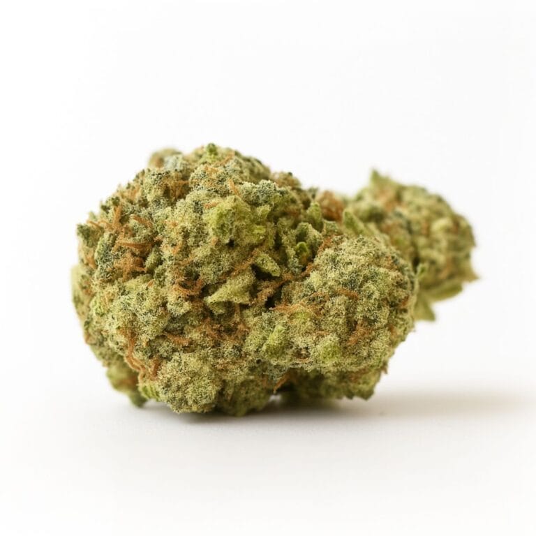 High-resolution cannabis flower on a crisp white background, showcasing dense structure, trichomes, and natural colour detail.