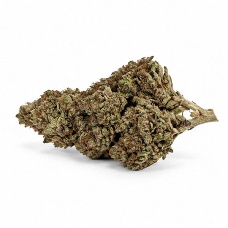 Image of cannabis bud with frosty trichomes on a crisp white background