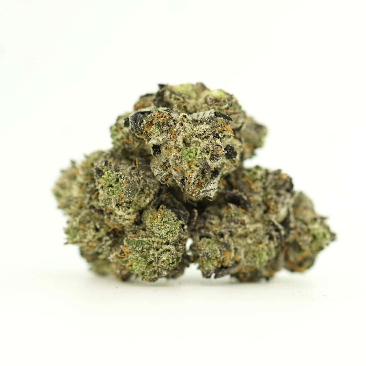 close-up image of cannabis bud with frosty trichomes on a crisp white background