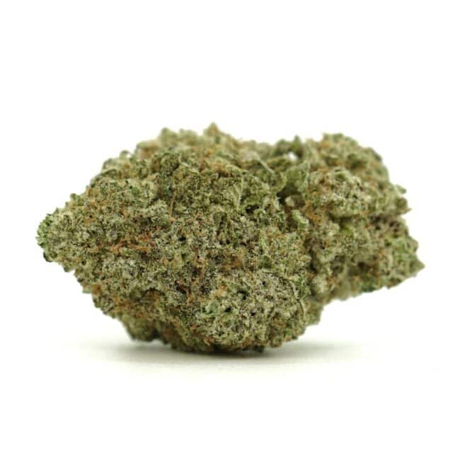 Close-up image of cannabis bud with frosty trichomes on a crisp white background