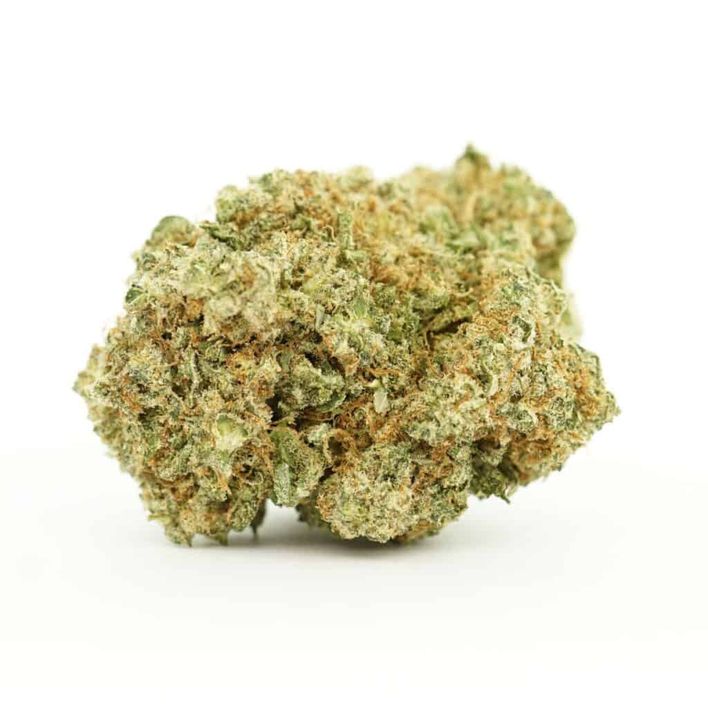 Close-up image of cannabis bud with frosty trichomes on a crisp white background