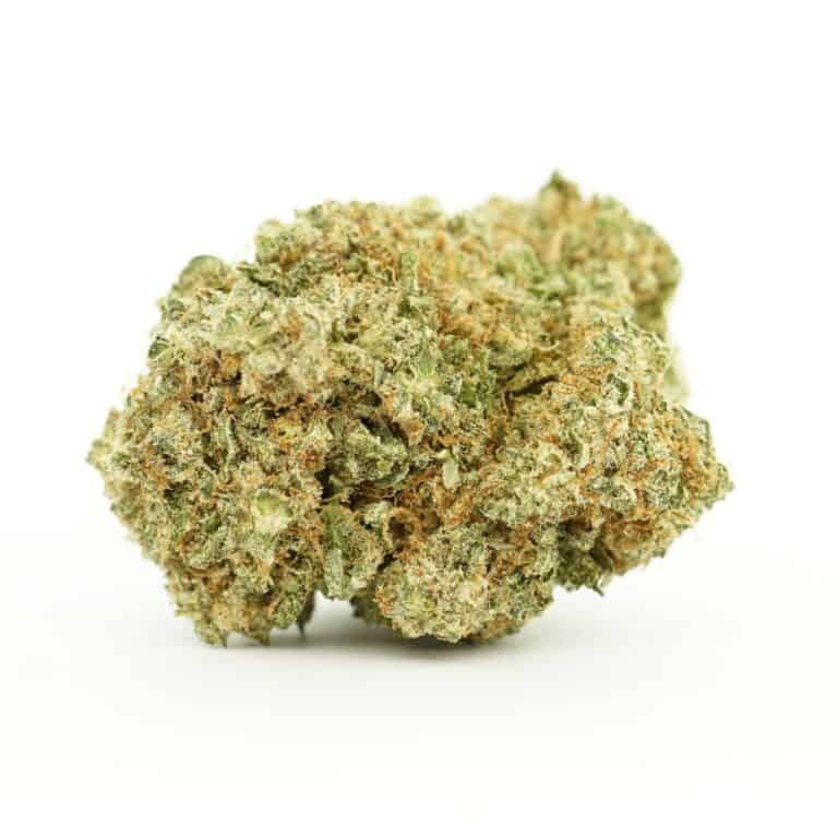 Close-up image of cannabis bud with frosty trichomes on a crisp white background