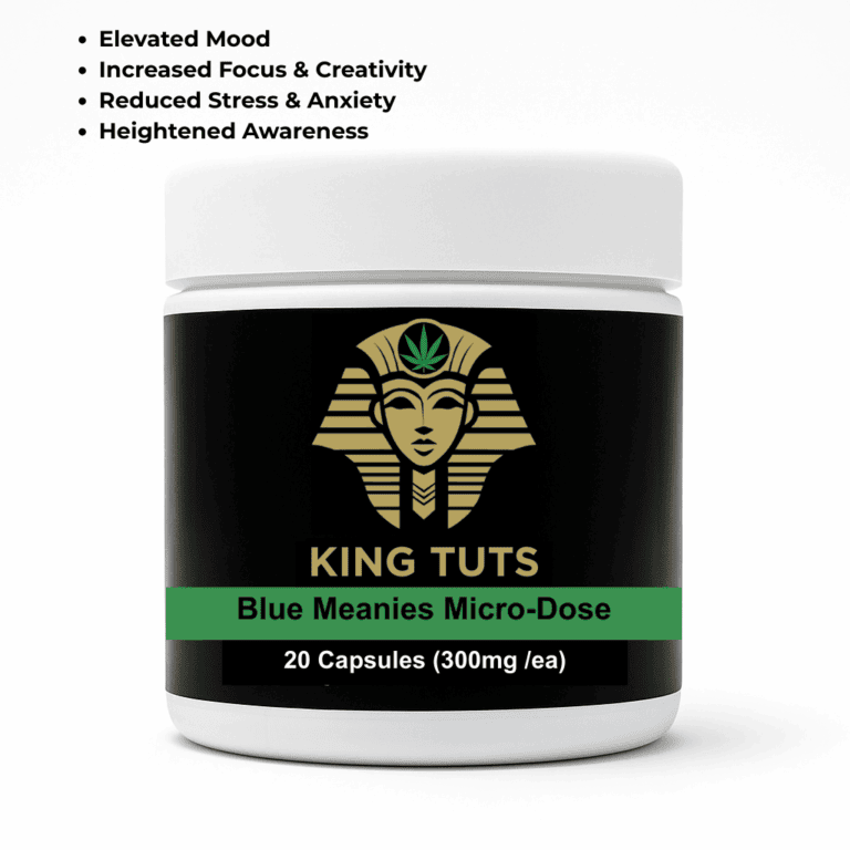 Blue Meanies micro dose mushroom capsules jar with black label and green accent band