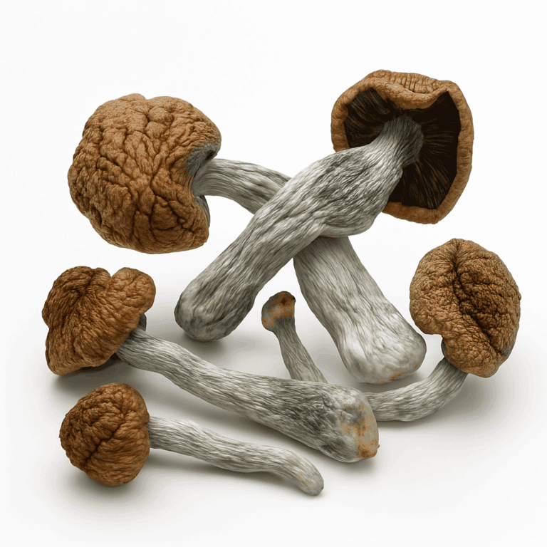 Penis Envy magic mushrooms with thick stems and rounded caps on a white background