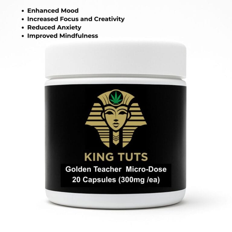 King Tuts Golden Teacher 300mg microdose capsules 20 count jar on white background