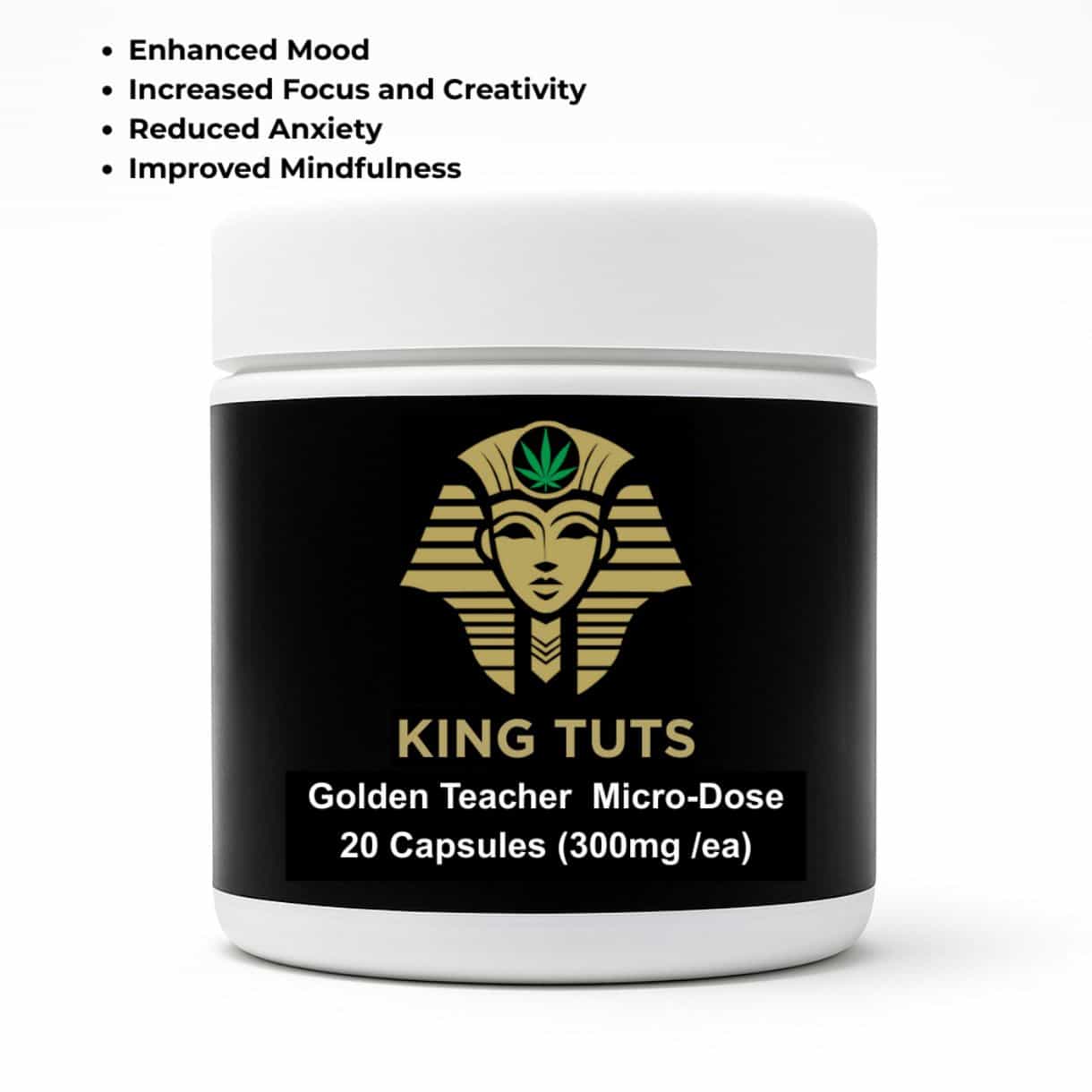 King Tuts Golden Teacher 300mg microdose capsules 20 count jar on white background
