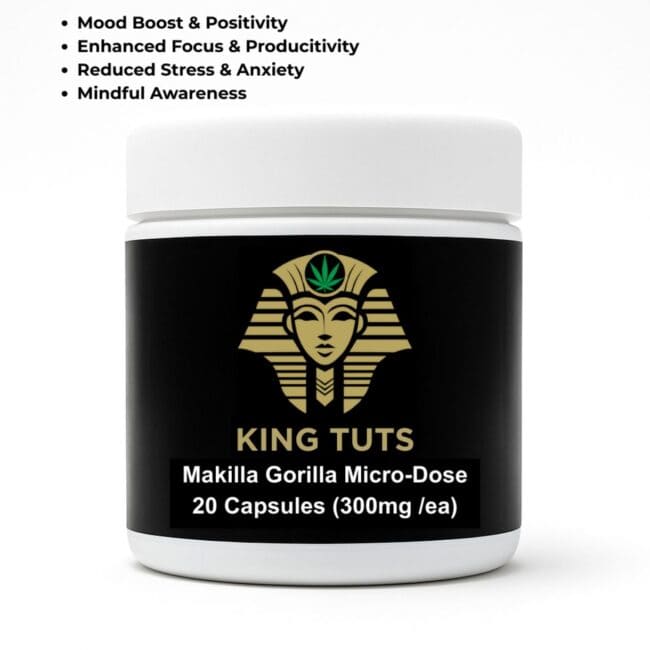 Makilla Gorilla micro dose mushroom capsules jar with black label and gold pharaoh logo